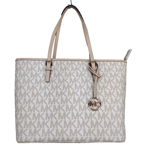 MICHAEL KORS Coraline LOGO Leather Large Tote White Purse Handbag $328 MSRP EUC - Picture 1 of 16